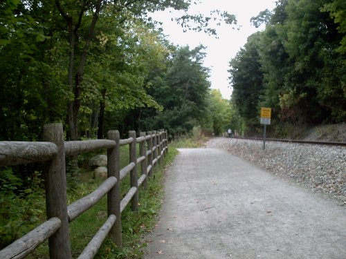A gravel path lined with a wooden fence, surrounded by trees, leading towards a distant railway track.