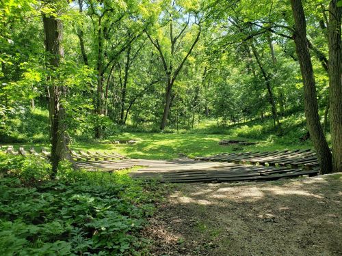 A serene forest scene with a grassy clearing surrounded by trees and a wooden amphitheater structure.