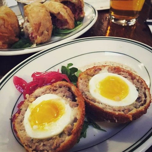 Two Scotch eggs with runny yolks, served on a plate with pickled onions and greens, with a beer in the background.