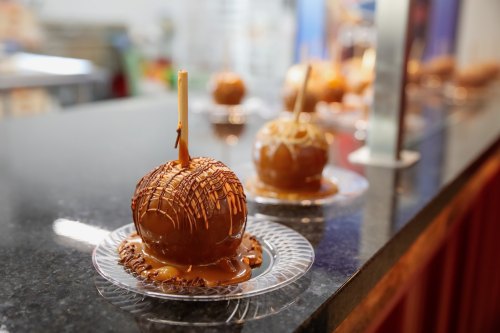 A close-up of caramel apples on clear plates, drizzled with chocolate, displayed on a countertop.