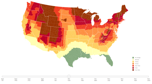 Map of the U.S. showing fall foliage progression from early September to late November, with color-coded peak times.