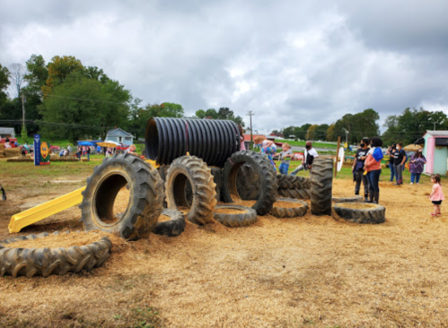 A playground made of large tires and a slide, with children and adults playing in a grassy area under cloudy skies.