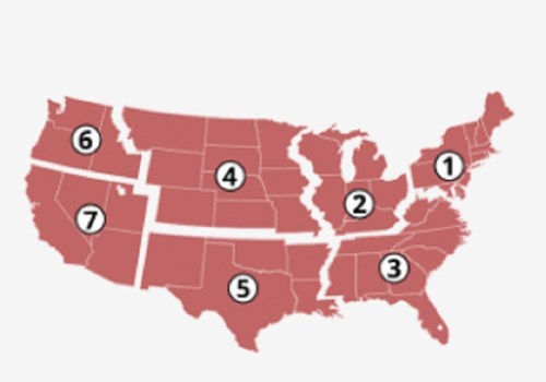 Map of the United States with numbered regions highlighted in red, indicating specific areas or categories.