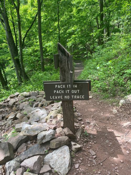 A wooden sign on a trail reads "Pack it in, pack it out, leave no trace," surrounded by lush green trees and rocks.