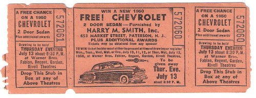 Vintage ticket for a chance to win a 1950 Chevrolet, with details about the drawing and participating theaters.