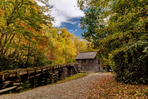A rustic wooden mill surrounded by vibrant autumn foliage and a gravel path leading through the scenic landscape.
