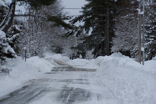 A snow-covered road lined with trees, surrounded by tall snowbanks under a gray winter sky.