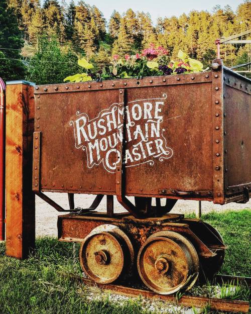 A vintage cart with flowers, labeled "Rushmore Mountain Coaster," set against a green landscape and trees.