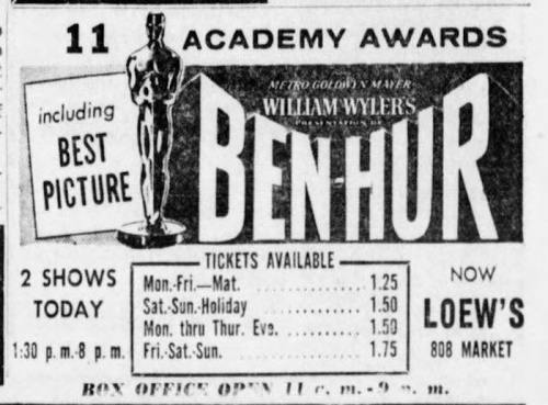 Advertisement for the 11th Academy Awards featuring "Ben-Hur," with showtimes and ticket prices listed.