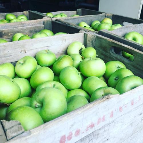 Baskets filled with fresh green apples stacked together.