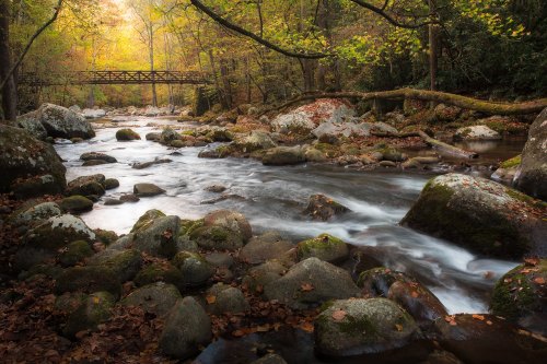 A serene river flows through a rocky landscape, with autumn foliage and a wooden bridge in the background.