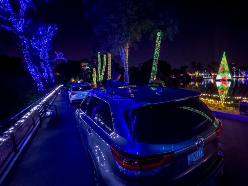 A car parked along a path illuminated by colorful holiday lights, with a festive tree reflected in the water.
