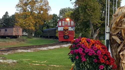 A colorful train with a skull face approaches on tracks, surrounded by autumn trees and vibrant flowers in the foreground.