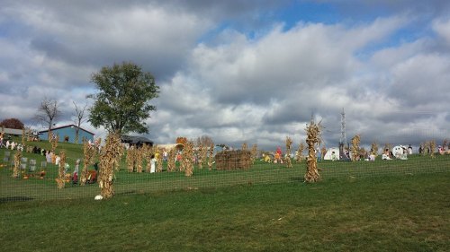 A scenic view of a farm with corn stalks, decorations, and a cloudy sky, creating a festive autumn atmosphere.