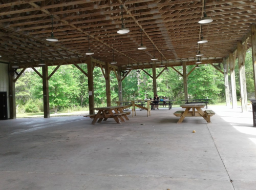 A spacious, open pavilion with wooden beams and picnic tables, surrounded by green trees in a park setting.