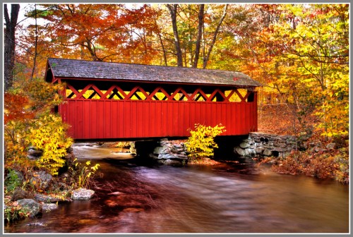 A red covered bridge spans a serene stream, surrounded by vibrant autumn foliage.