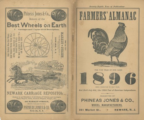 Cover of the 1896 Farmers' Almanac by Phineas Jones & Co., featuring a rooster and carriage illustrations.