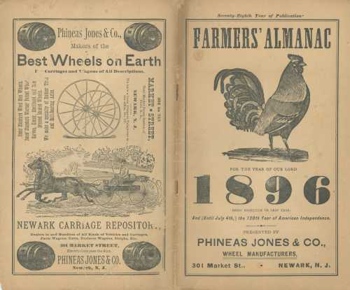 Cover of a 1896 almanac featuring a rooster and advertisements for Phineas Jones & Co. carriage wheels and services.