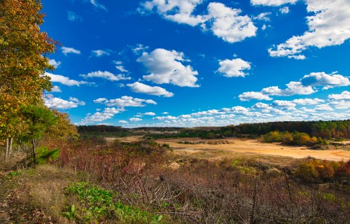 A scenic landscape featuring a blue sky with clouds, rolling hills, and autumn foliage in the foreground.