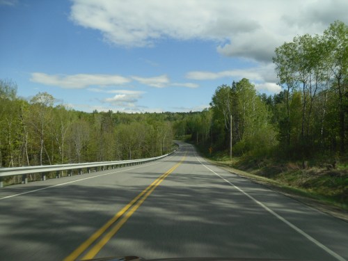 A winding road through lush green trees under a blue sky with scattered clouds.