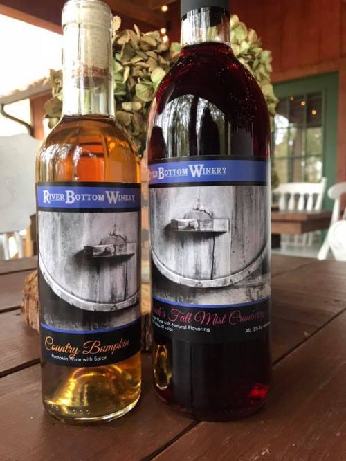 Two bottles of wine from River Bottom Winery: one labeled "Country Bumpkin" (pumpkin wine) and the other "Rachel's Fall Mist Cranberry."