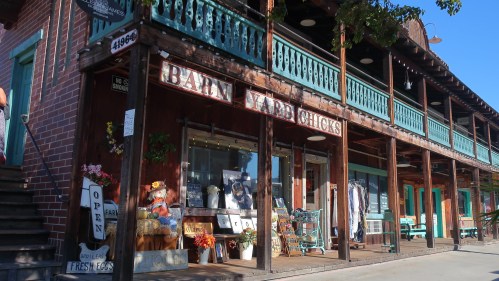 A rustic storefront with a sign reading "Barn Farm Chicks," featuring flowers, decor, and an open sign.