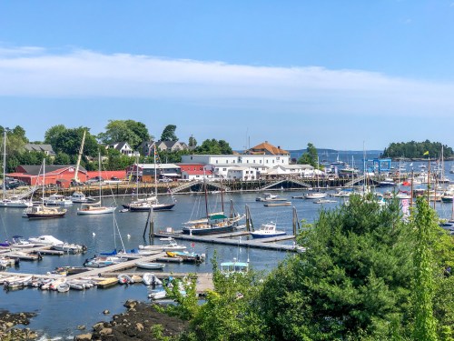 A scenic harbor filled with boats, surrounded by greenery and buildings under a clear blue sky.