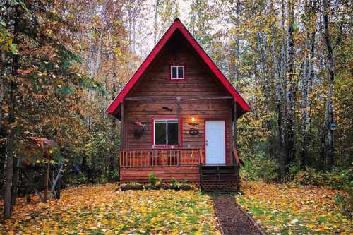 A cozy wooden cabin with a red roof, surrounded by autumn foliage and fallen leaves.