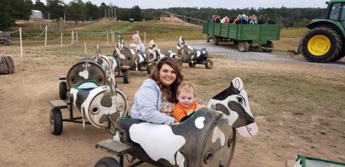 A woman and a child sit in a cow-themed ride at a farm, with other children and a tractor in the background.