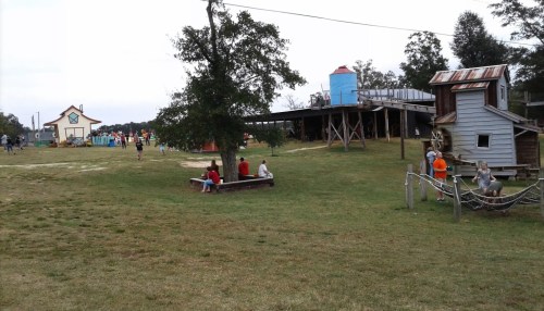 A grassy area with people enjoying a rustic outdoor setting featuring wooden structures and a water tower.