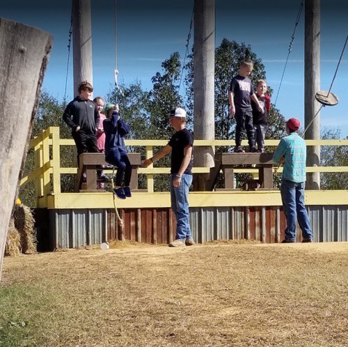 A group of children and adults gather on a wooden platform at an outdoor activity area, enjoying a sunny day.