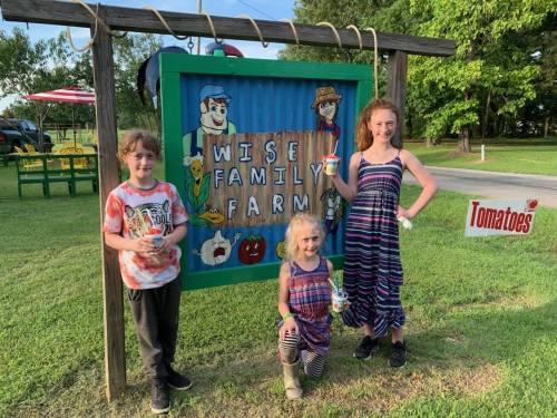 Three children stand in front of a colorful sign for Wise Family Farm, holding cups and smiling.