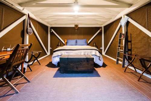 Cozy interior of a rustic cabin featuring a bed, wooden furniture, and warm lighting.