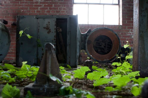 An abandoned industrial space with rusted machinery and green vines growing through the debris.