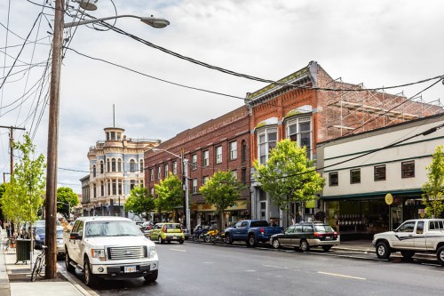 A street view featuring historic buildings, parked cars, and trees lining the sidewalk under a cloudy sky.