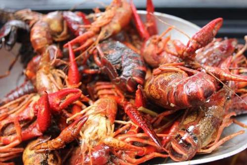 A close-up of a platter filled with various cooked crawfish, showcasing their vibrant red and brown colors.