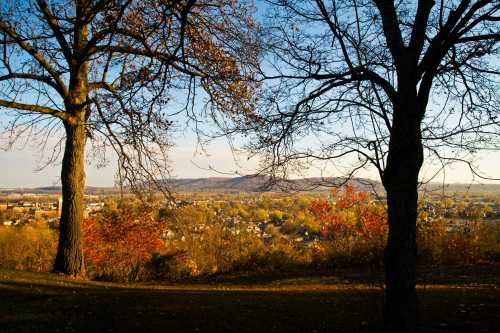 A scenic view of a valley with trees in the foreground, showcasing autumn colors and distant hills under a clear sky.