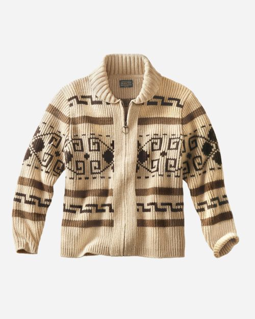 Beige zip-up sweater with geometric patterns in brown and black.