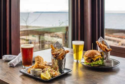 A table with two plates of food, including a burger and fish, alongside two glasses of beer, with a scenic view outside.