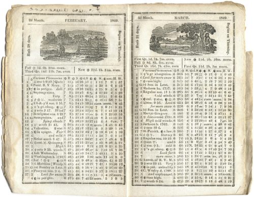 A vintage calendar page for February and March 1840, featuring illustrations and lunar phases with dates and times.