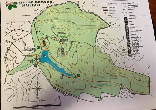Map of Little Beaver State Park showing trails, facilities, and park boundaries.
