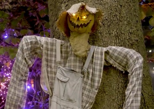 A spooky scarecrow with glowing eyes, wearing a plaid shirt and overalls, stands against a tree in a festive setting.