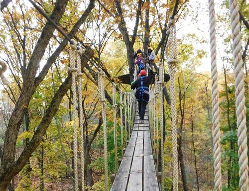 A group of people crossing a wooden rope bridge among colorful autumn trees.