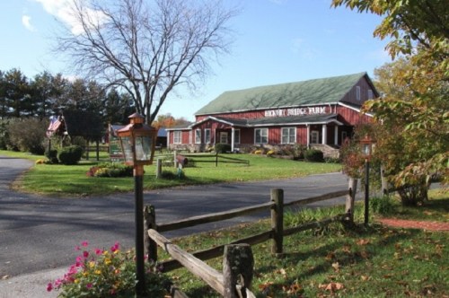 A red barn-style building surrounded by greenery, flowers, and trees on a sunny day.