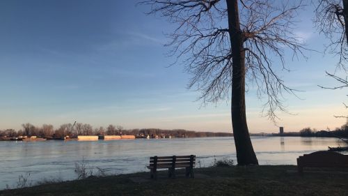 A serene riverside scene with a bench, trees, and a calm waterway under a clear blue sky.
