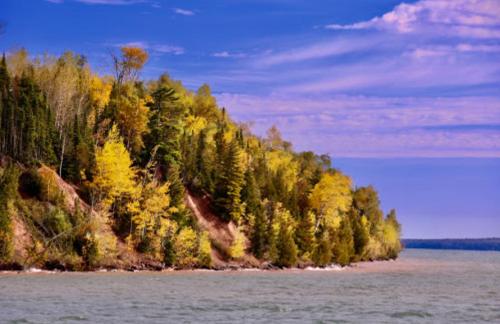 A scenic view of a colorful autumn forest along a calm lake under a blue sky with fluffy clouds.
