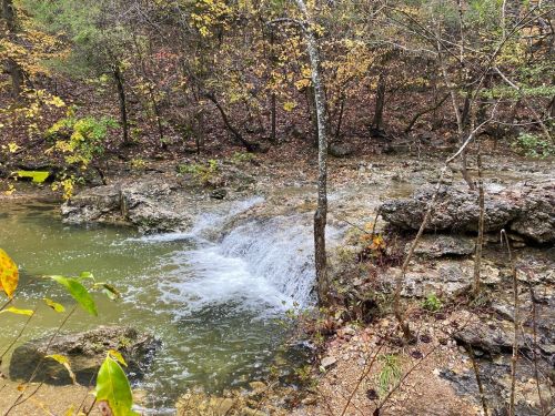 A serene waterfall cascades over rocks in a wooded area, surrounded by autumn foliage.