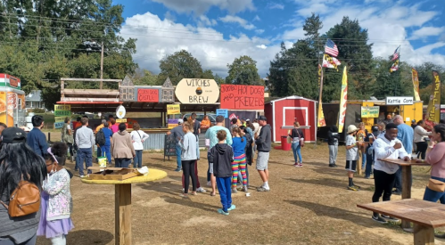 A lively outdoor festival scene with people gathered around food stalls and colorful signs under a partly cloudy sky.