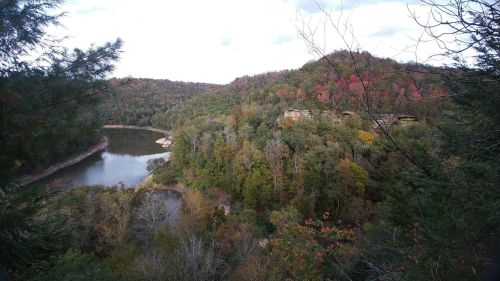 A scenic view of a river winding through lush, colorful forests and hills under a cloudy sky.
