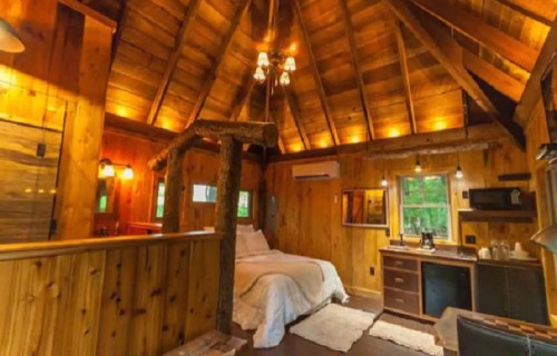 Cozy wooden cabin interior with a bed, rustic decor, and warm lighting, featuring a kitchenette and large windows.